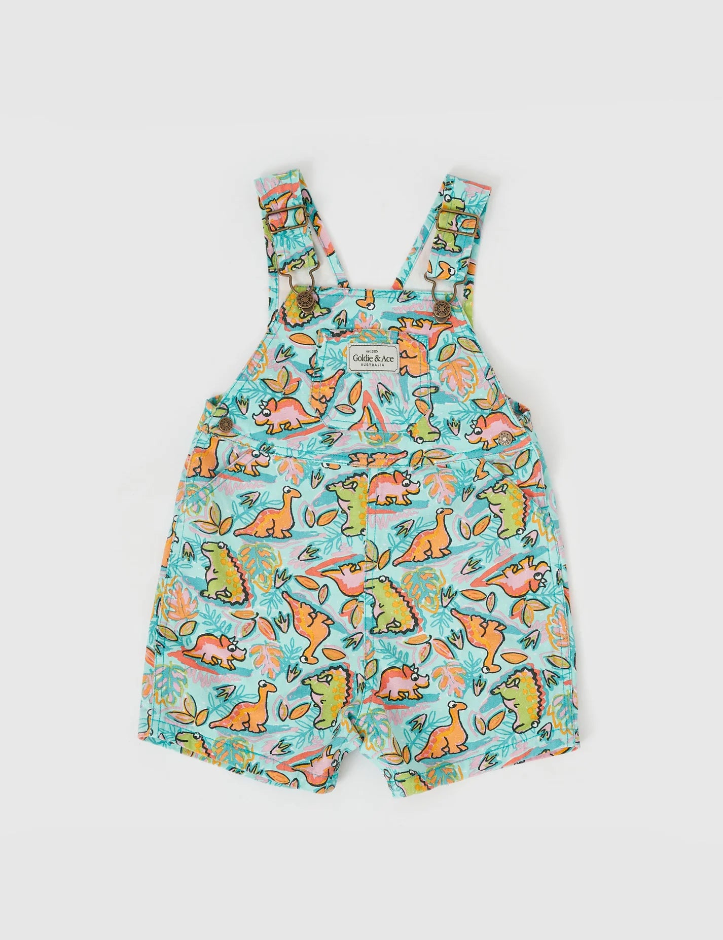 Goldie + Ace Burton Dino Jungle Denim Overalls Sea Foam
