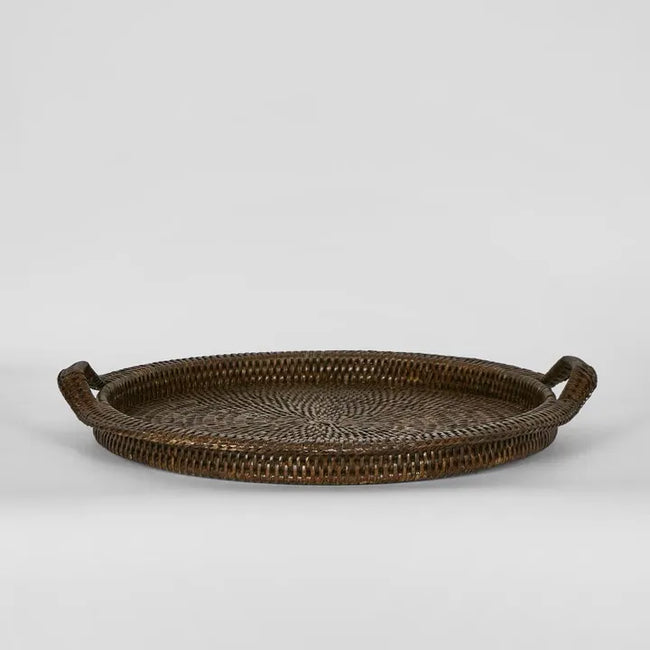 Paume Rattan Round Serving Tray with Handles | Antique Brown