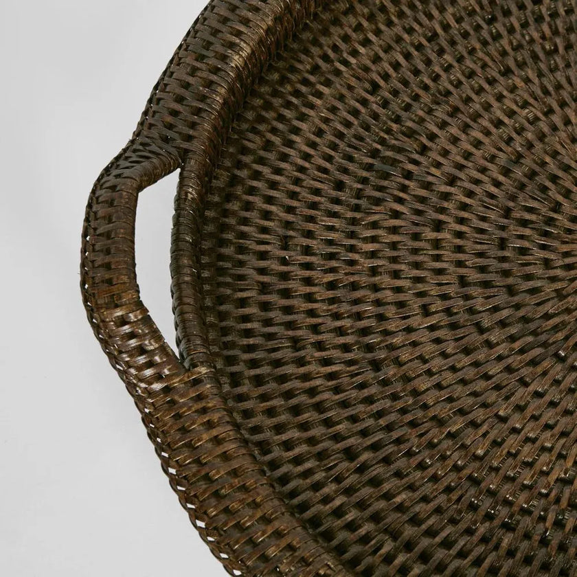 Paume Rattan Round Serving Tray with Handles | Antique Brown